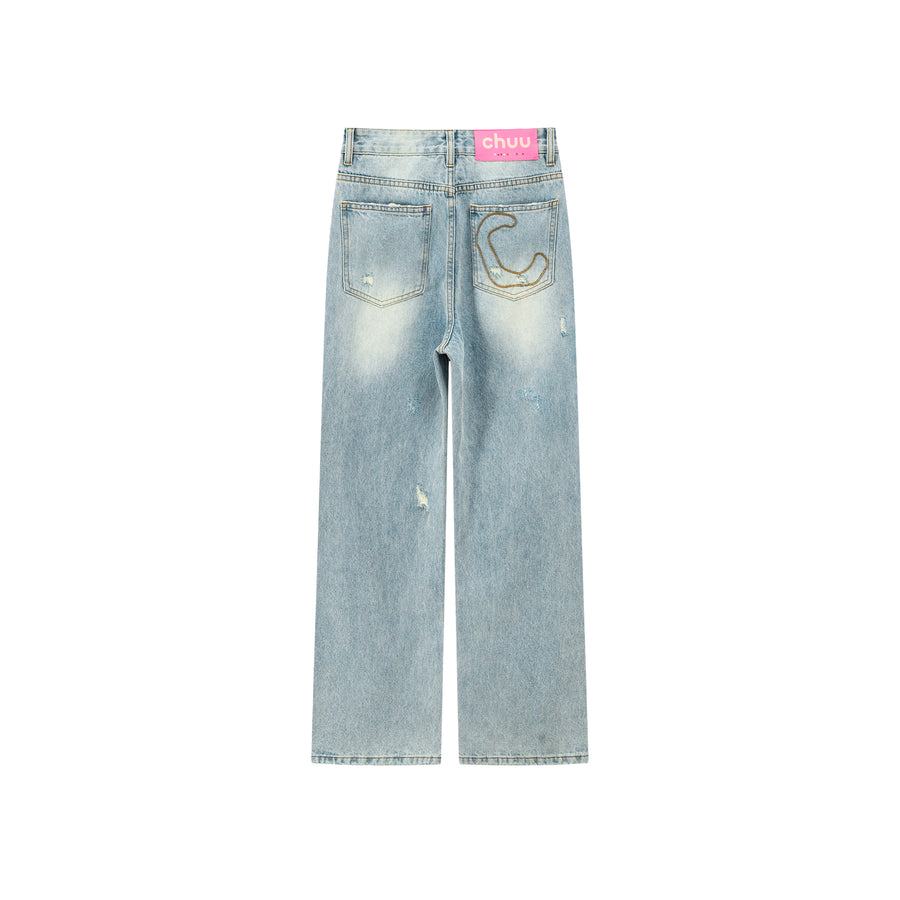 CHUU Queen Of Hearts Embroidered Distressed Denim Jeans