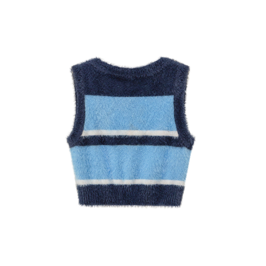 CHUU Truly Connect Striped V-Neck Furry Vest