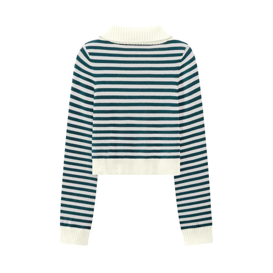 CHUU I Own A Yacht Polo Neck Stripe Cropped Knit Top