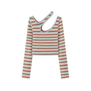 Colorful Stripes Chest Cutout Long-Sleeves Top