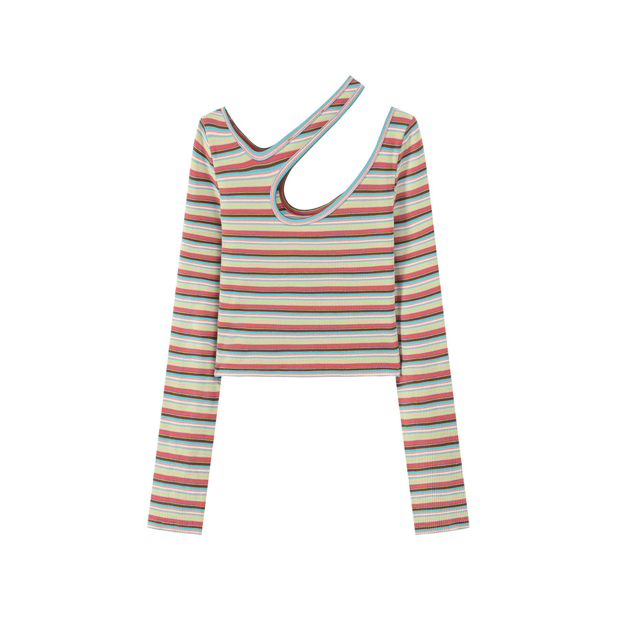 CHUU Colorful Stripes Chest Cutout Long-Sleeves Top