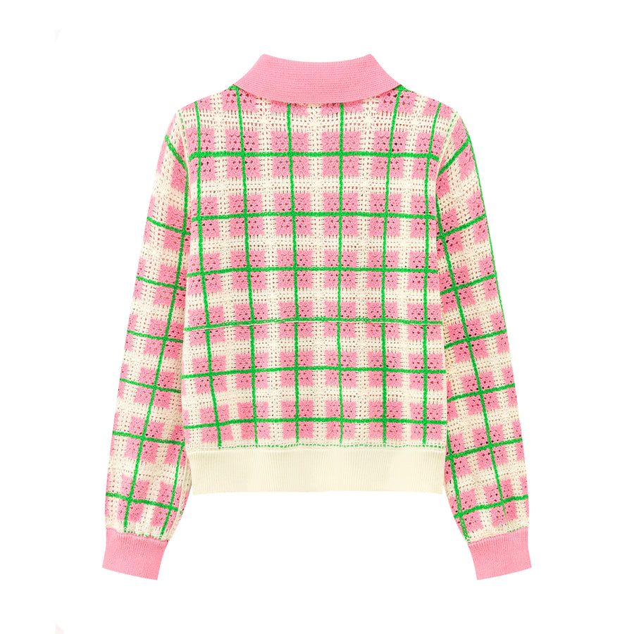 CHUU Lovely Check Crochet Polo Sweater