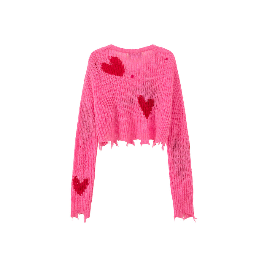 CHUU Distressed Heart Cropped Knit Sweater