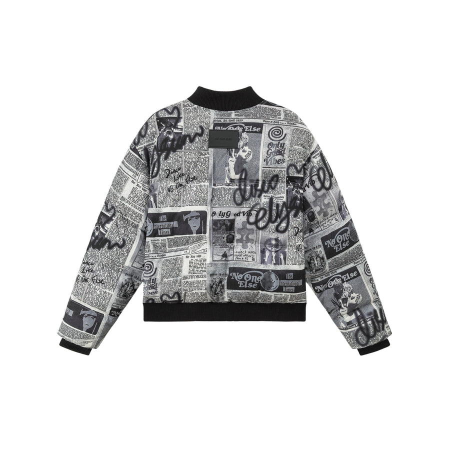 CHUU Newspaper Collage Padded Crop Jacket