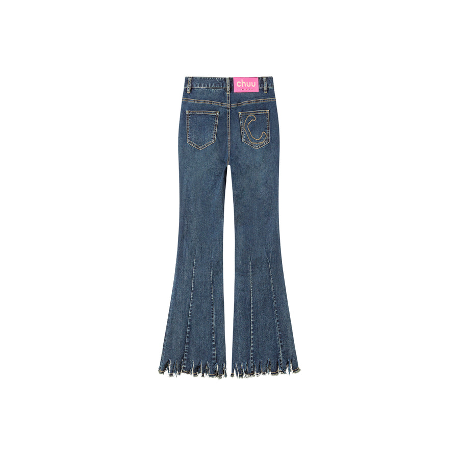 CHUU Embroidered Fringed Hem Denim Jeans