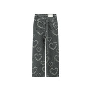 Waist Cutout Heart Print Wide Jeans