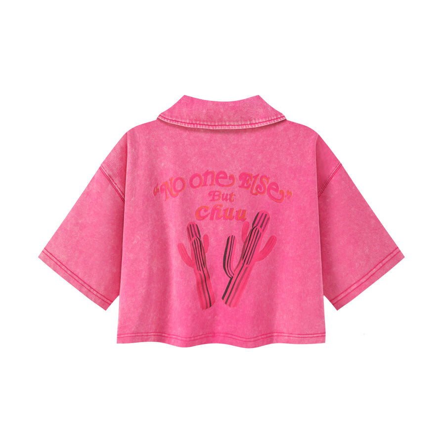 CHUU Pink Cactus Crop Polo T-Shirt