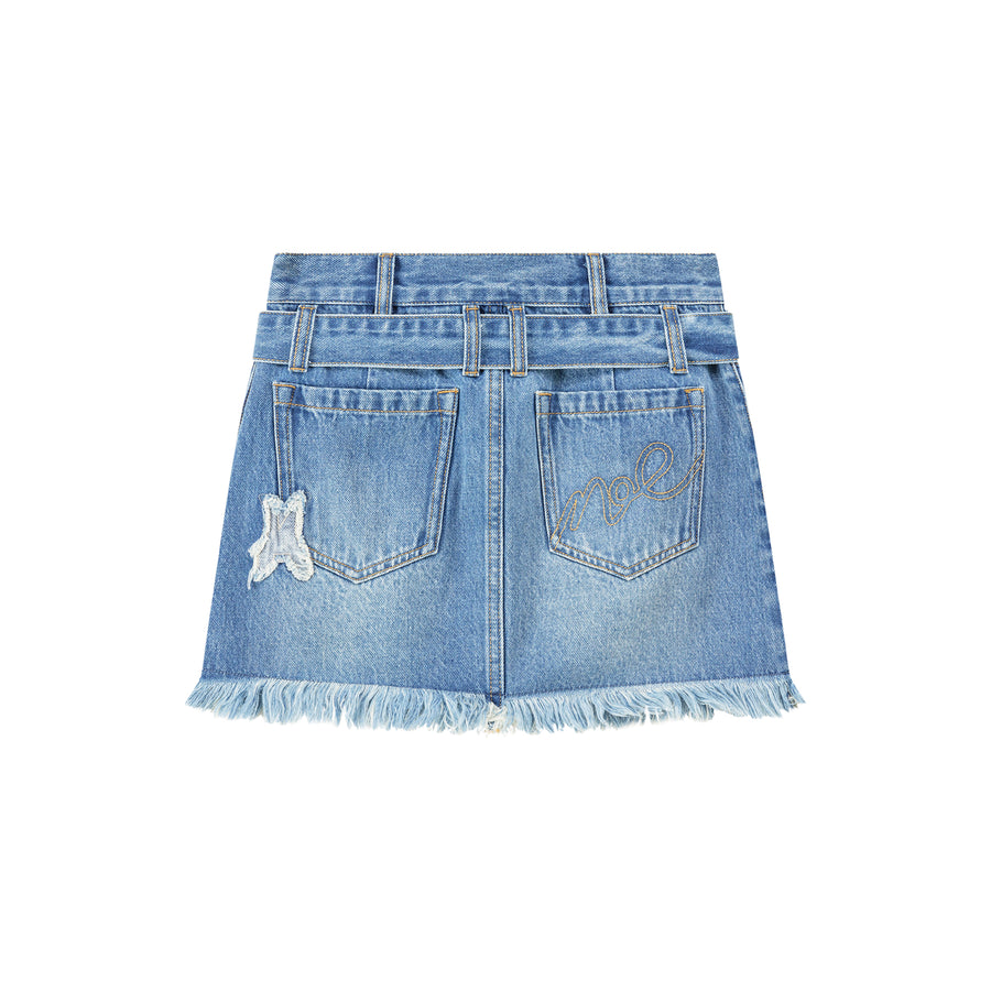 CHUU Denim Fringe Mini Skirt