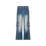 Zipper Cargo Wide Straight Jeans