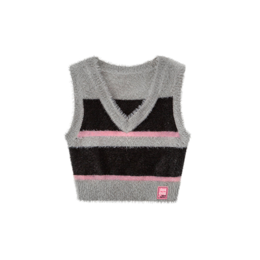 CHUU Truly Connect Striped V-Neck Furry Vest