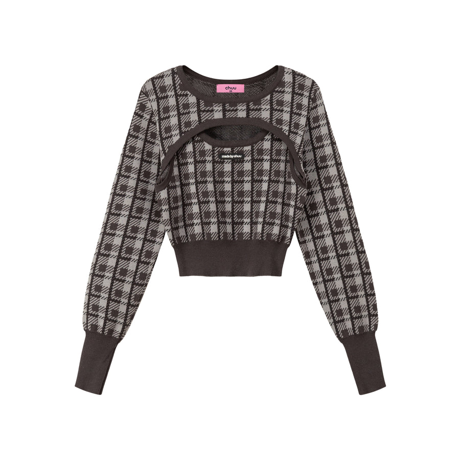 CHUU 2-Layers Chest Cutout Check Knit Sweater