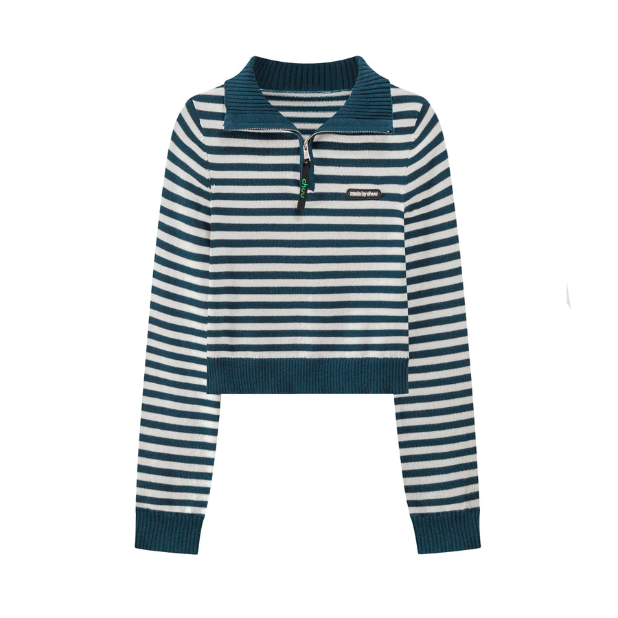 CHUU I Own A Yacht Polo Neck Stripe Cropped Knit Top