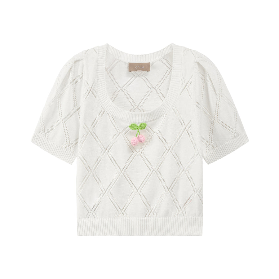 CHUU Cherry Knit Crochet Crop Sweater