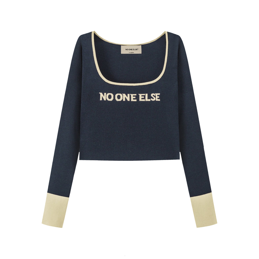 CHUU Round Neck Lettering Long Sleeve Crop Knit Top