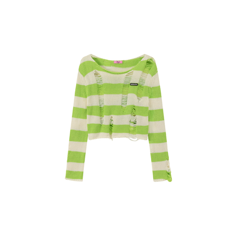 CHUU Distressed Stripe Crop Knit Top