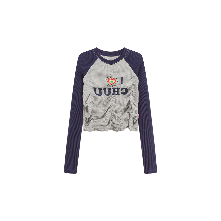 CHUU I Love Chuu Raglan Cropped Shirring T-Shirt