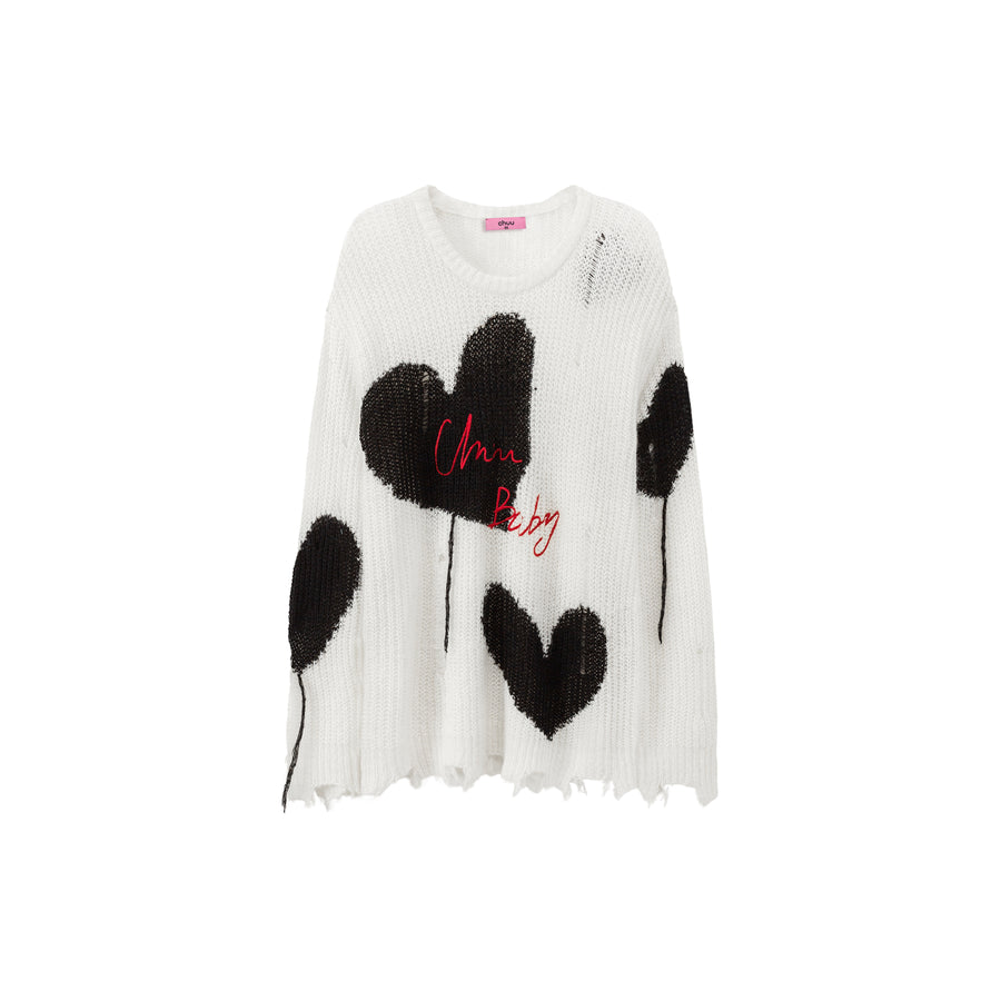 CHUU Distressed Heart Loose Fit Sweater