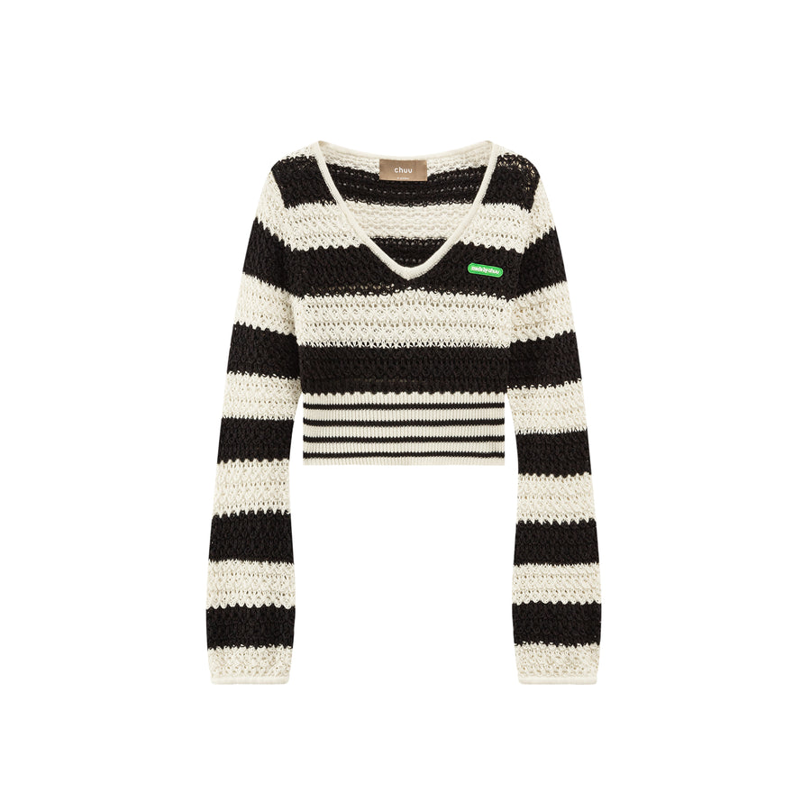 CHUU Striped V-Neck Knit Crop Sweater