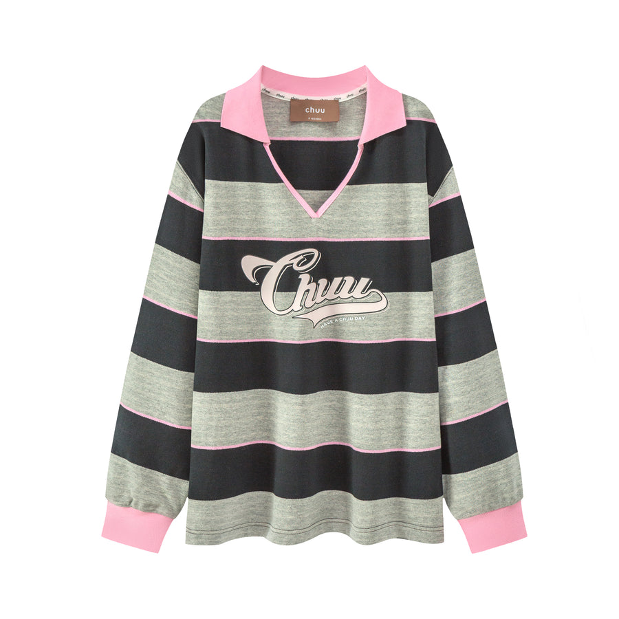 CHUU V Neck Stripe Logo T-Shirt