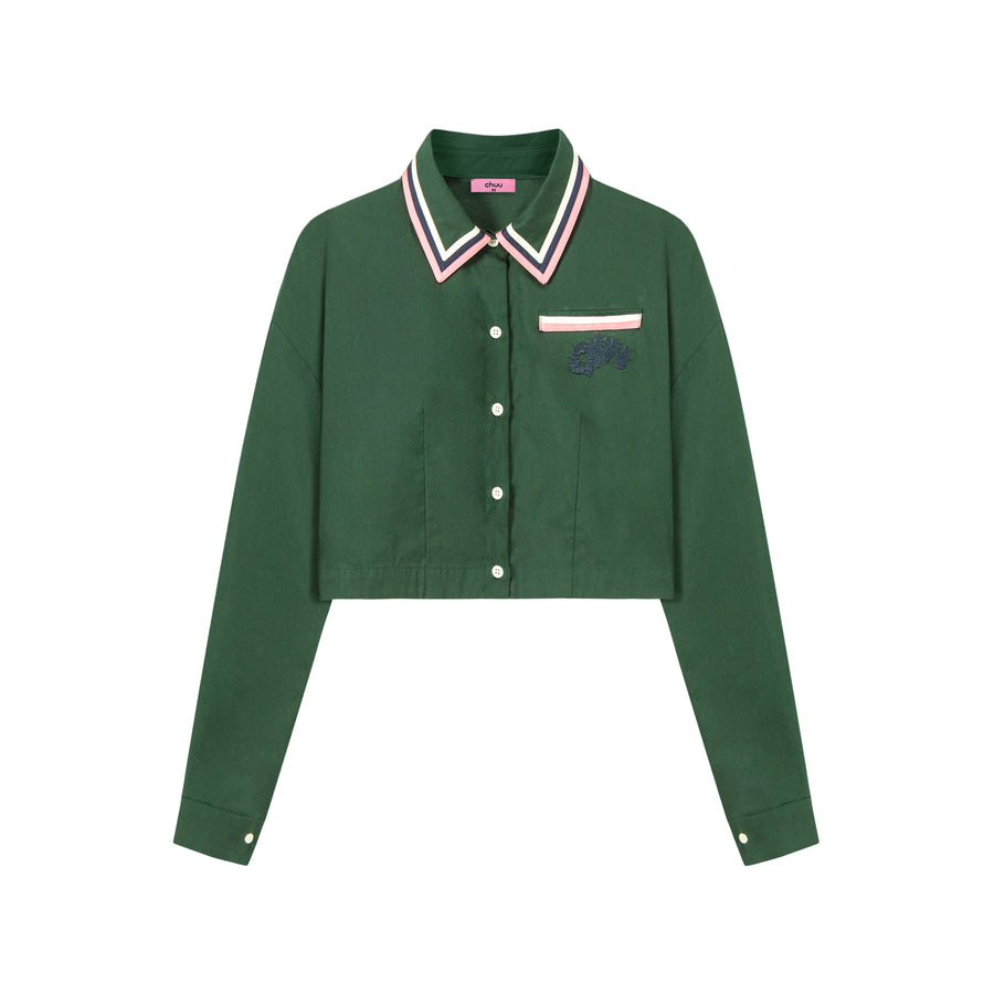 CHUU Embroidered Stripe Collar Crop Shirt