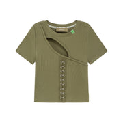 Cutout Front Hooks Short-Sleeved Top