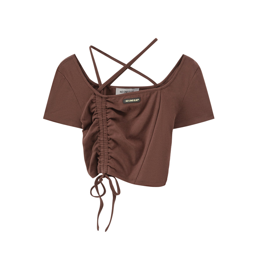 CHUU Unbalanced Shirring Crop Top