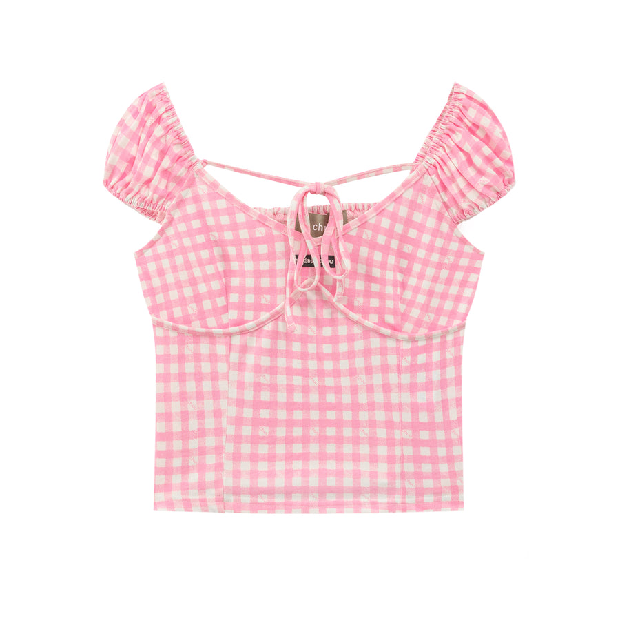 CHUU Picnic Check Puff Sleeves Blouse