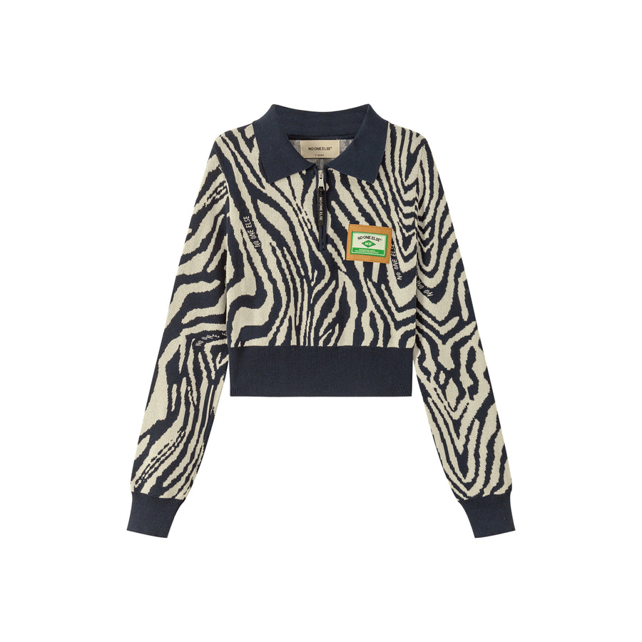 CHUU Zebra Half Zip Crop Knit Top