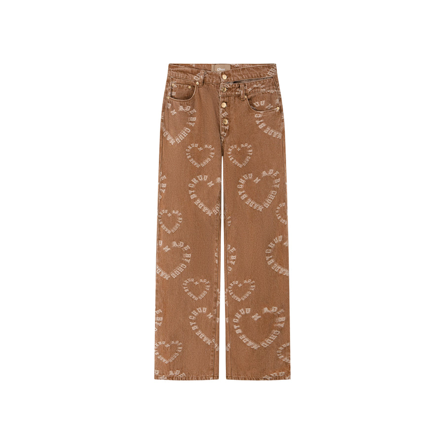 CHUU Waist Cutout Heart Print Wide Jeans