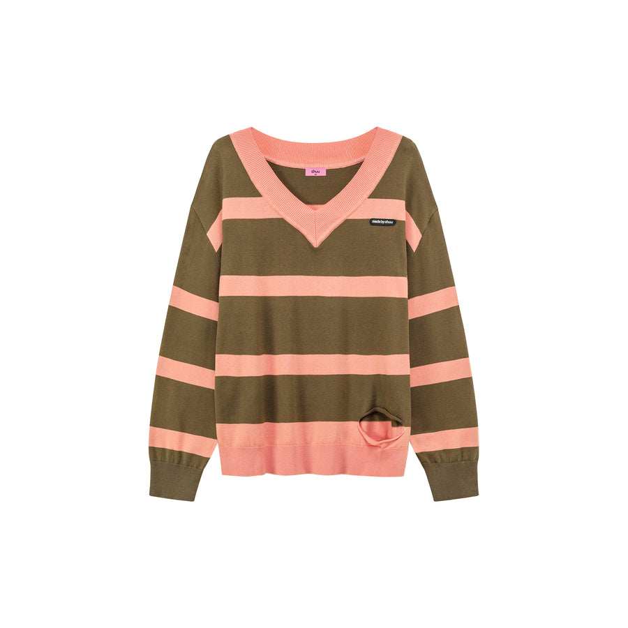 CHUU Color Matching V-Neck Striped Knit Sweater