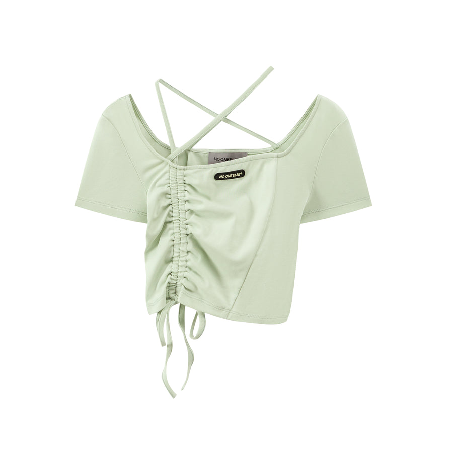 CHUU Unbalanced Shirring Crop Top