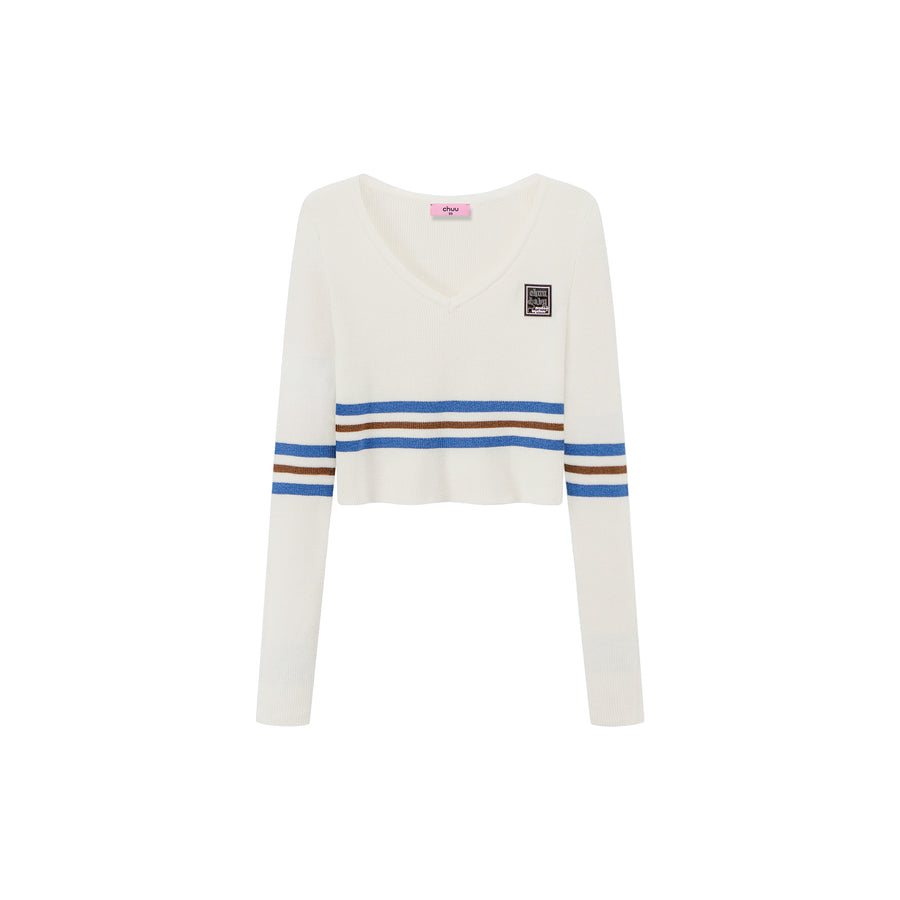 CHUU Unlock Stripes V-Neck Cropped Knit Sweater