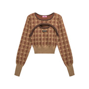 2-Layers Chest Cutout Check Knit Sweater