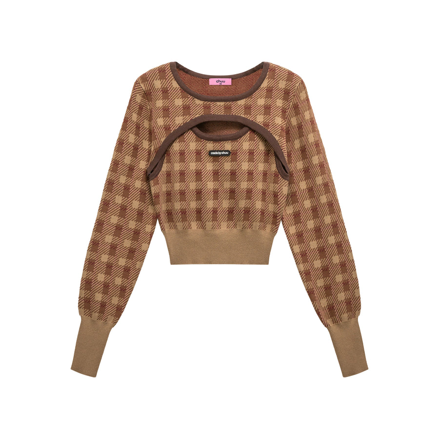 CHUU 2-Layers Chest Cutout Check Knit Sweater