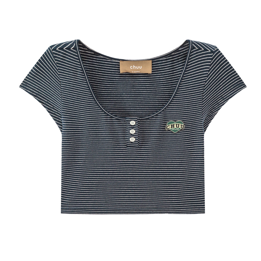 CHUU Stripe Front Button Crop Top