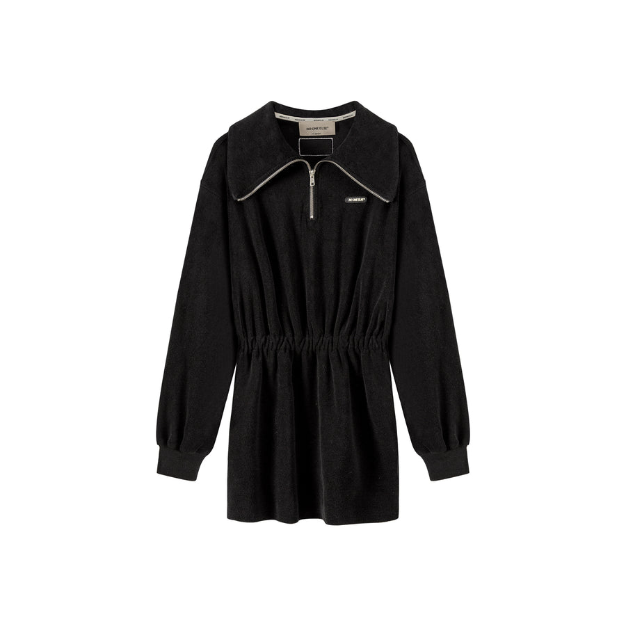 CHUU Big Collar Half Zip-Up Velvet Dress