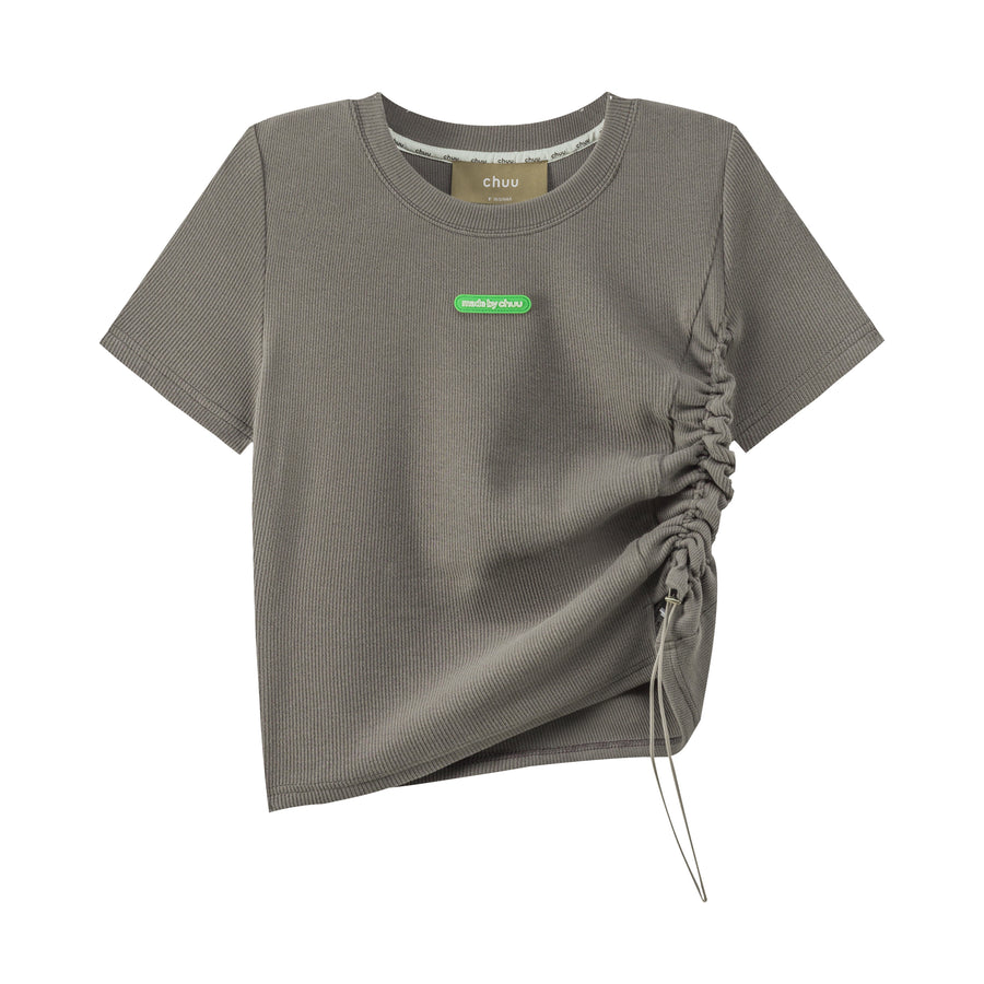 CHUU Shirring Unbalanced Crop T-Shirt