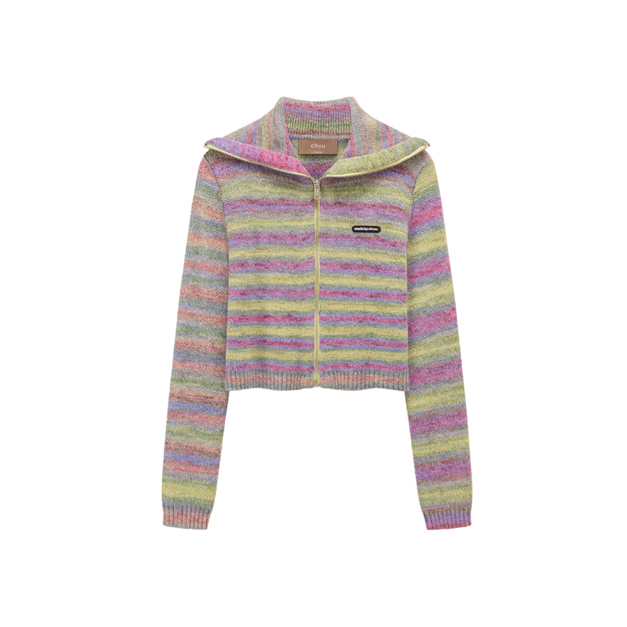 CHUU Rainbow Striped Zip-Up Knit Cardigan