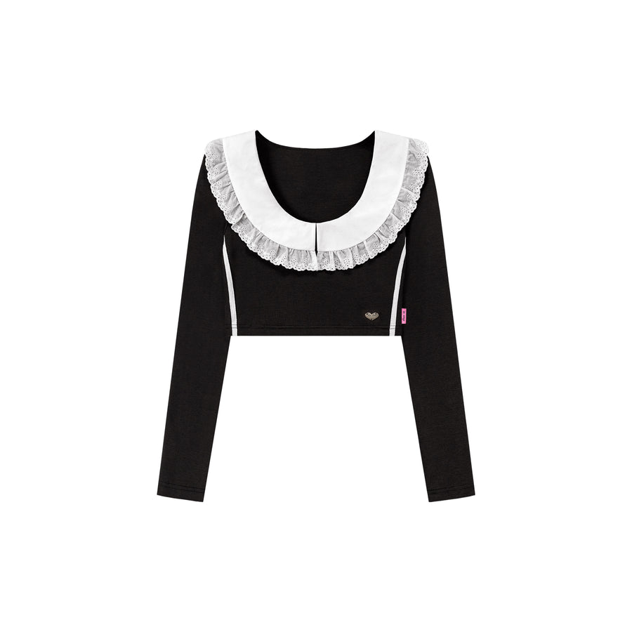 CHUU Eyelet Lace Collar Long-Sleeved Crop Top