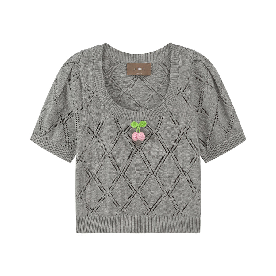 CHUU Cherry Knit Crochet Crop Sweater