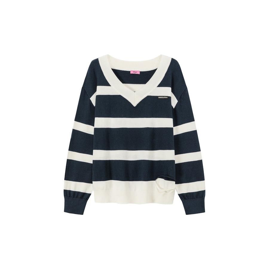 CHUU Color Matching V-Neck Striped Knit Sweater
