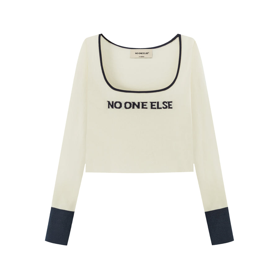 CHUU Round Neck Lettering Long Sleeve Crop Knit Top