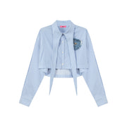 Heart Denim Pocket Stripe Crop Shirt