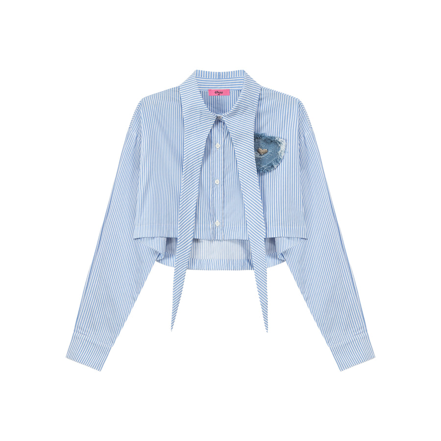 CHUU Heart Denim Pocket Stripe Crop Shirt