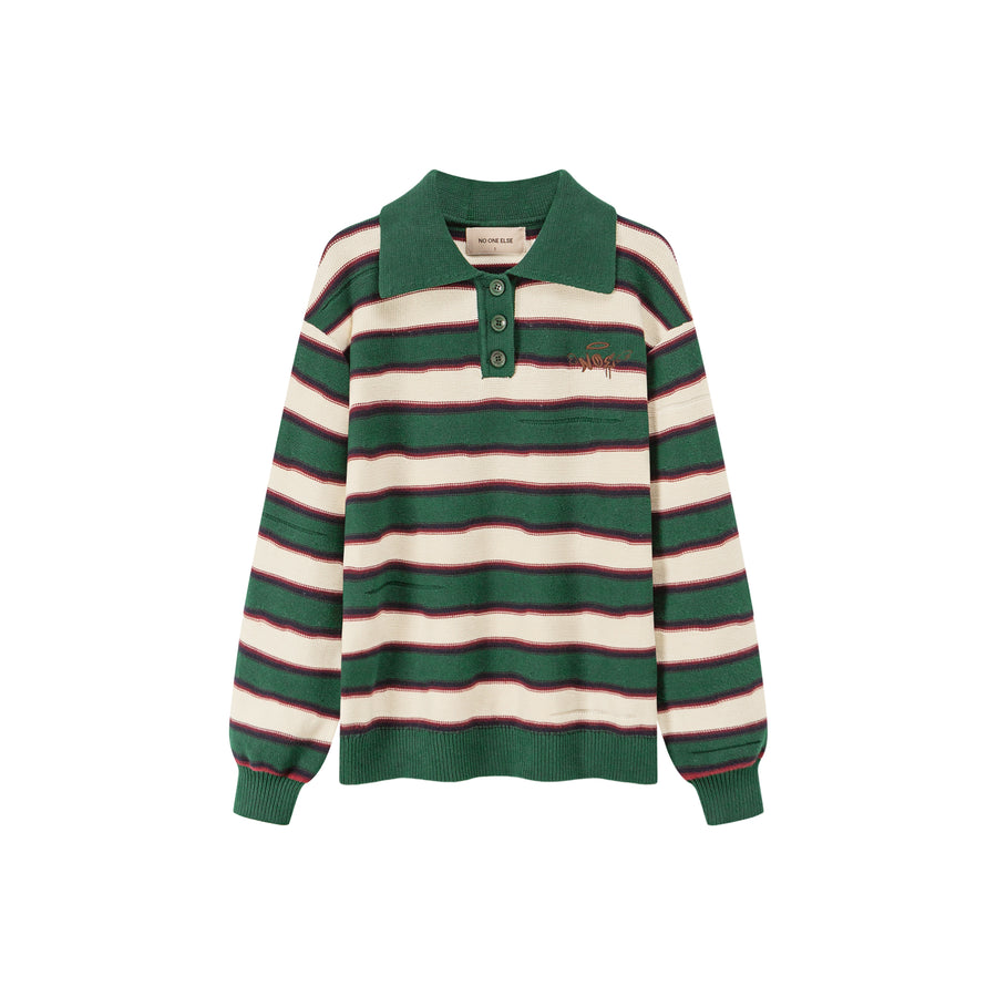 CHUU Polo Neck Stripe Knit Top