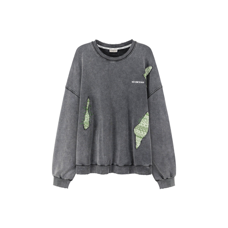 CHUU Ethnic Print Washed Patchwork Sweatshirt