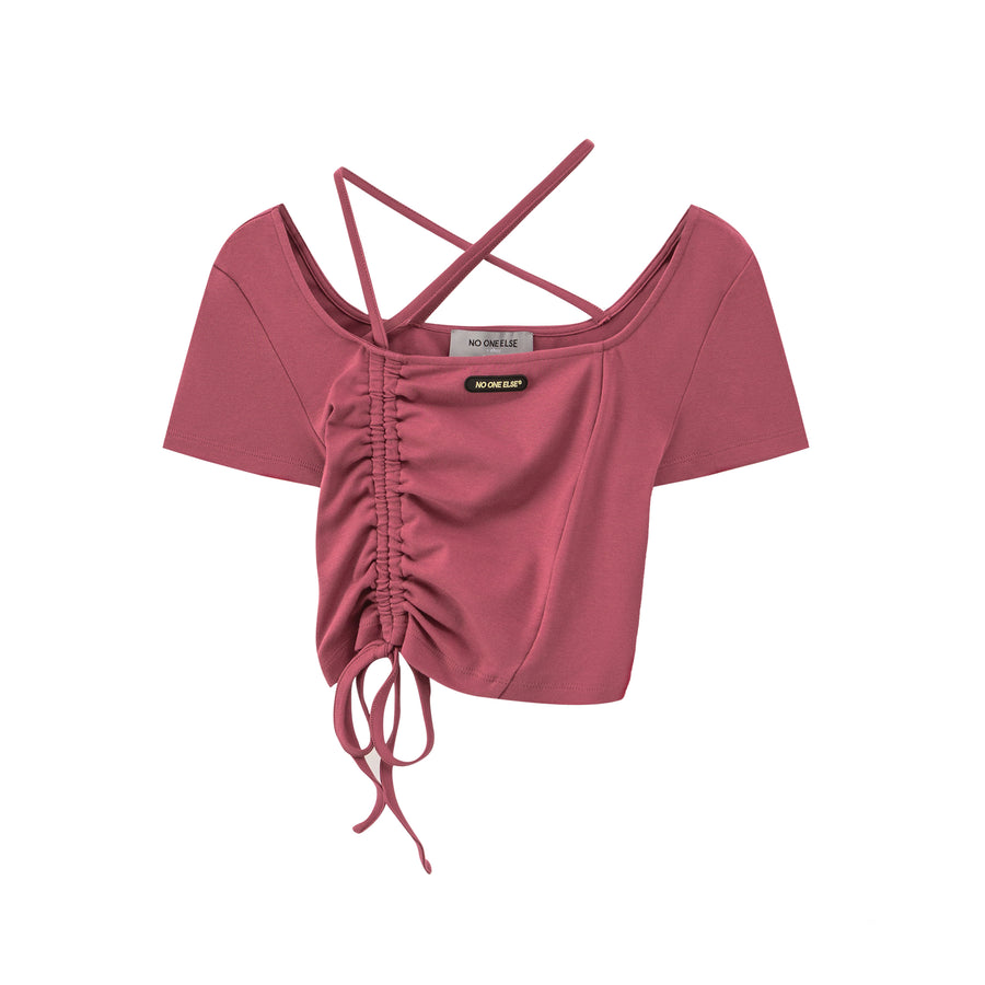 CHUU Unbalanced Shirring Crop Top