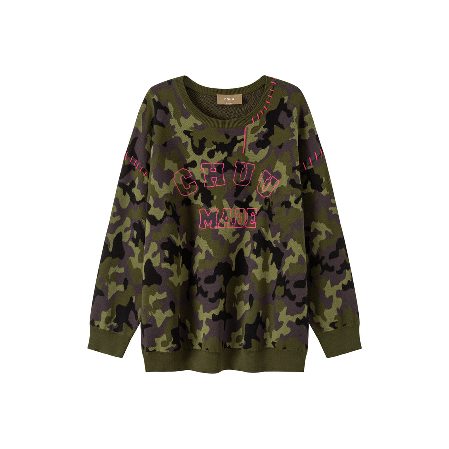 CHUU On The Right Track Hot Girl Camouflage Knit Sweatshirt