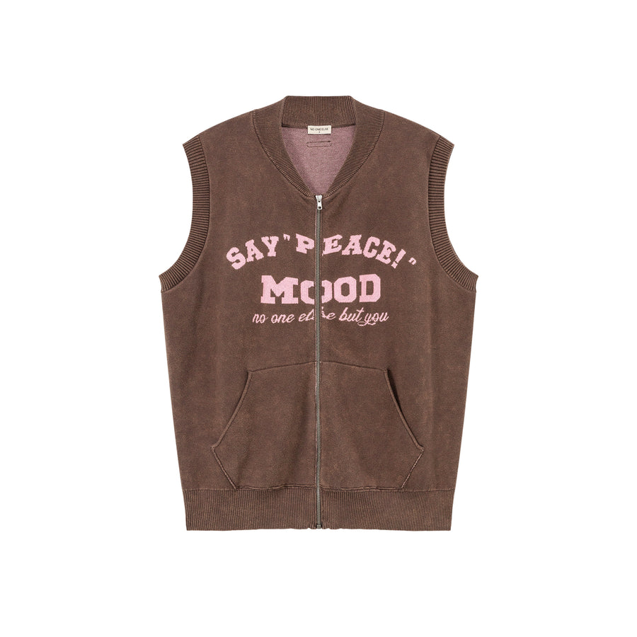 CHUU Say Peace Sleeveless Knit Zip-Up Vest