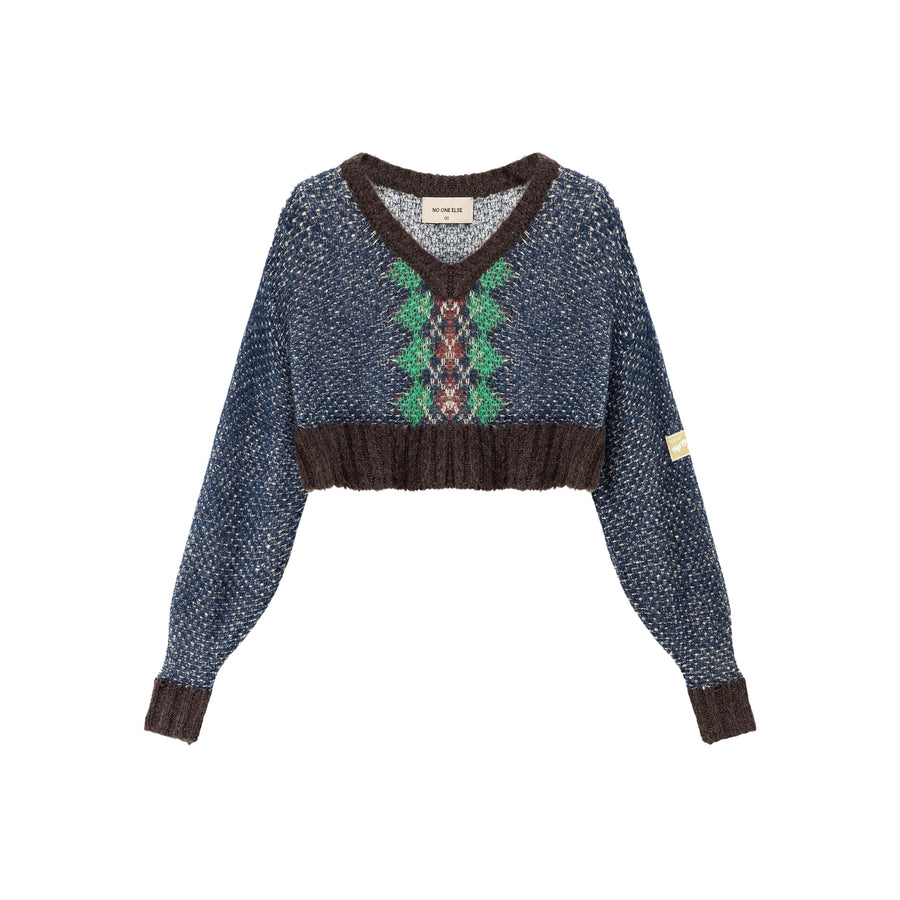 CHUU Argyle Cropped Crochet Knit Sweater